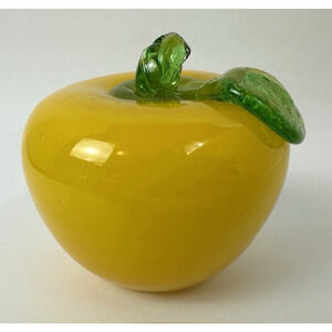 Art Glass Yellow Apple Hand Blown Fruit Paperweight Kitchen Decor Sculpture VTG